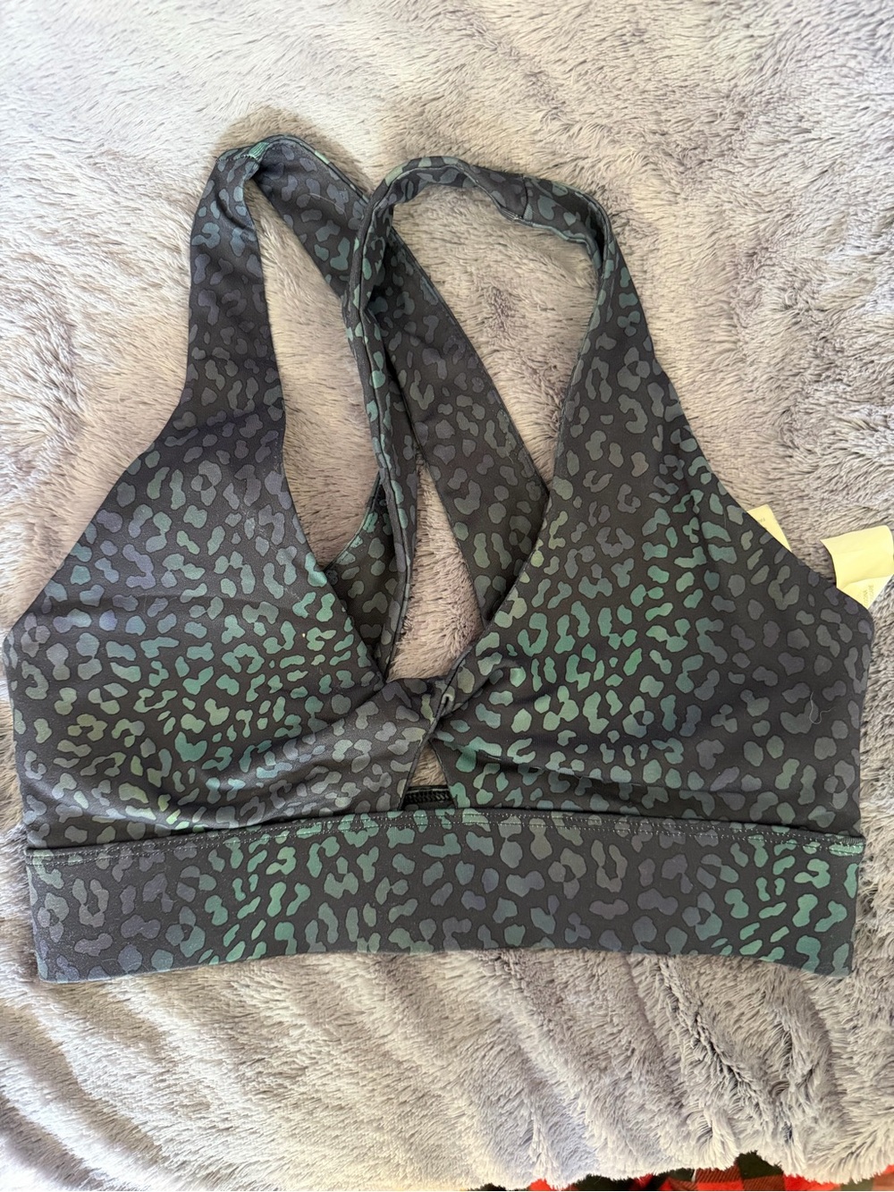 Fabletics Navy and Green Leopard Print Sports Bra